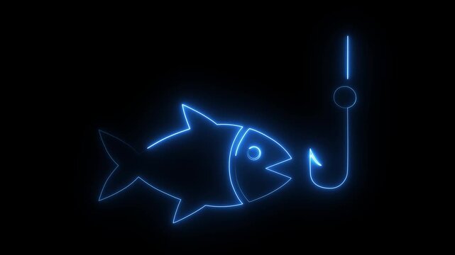 Glowing neon line Fishing hook icon isolated on black background. 4K Video motion graphic animation.