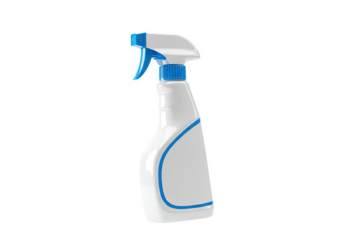 Modern white and blue plastic cleaning spray bottle floating on a transparent background with copy space. Concept for household product advertising