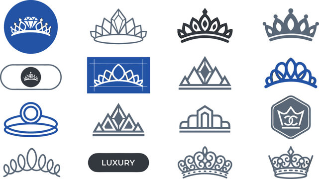 Tiara and crown vector icon set featuring luxury princess diadem diamond ring jewelry blueprint schema and royal branding logo designs