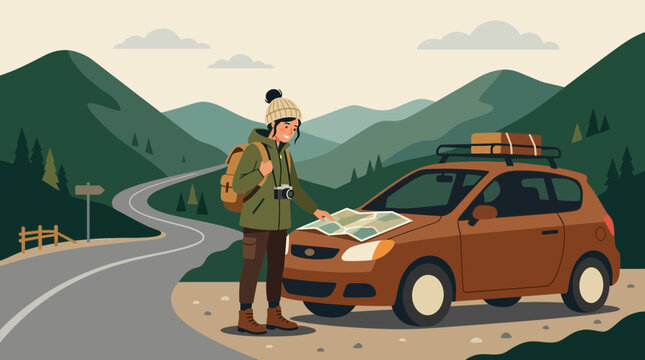 Traveler with brown car and map in mountain landscape