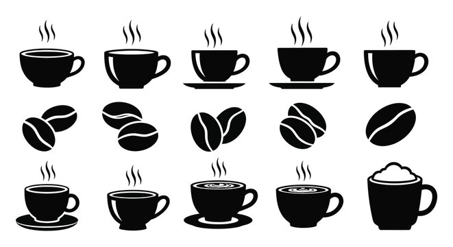 Coffee Cups And Beans Collection Black And White Silhouette caffeine