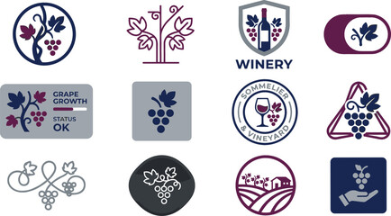 Fototapeta premium Wine and vineyard vector icon set featuring grape vine growth tracking winery shield sommelier badges and alcohol branding logo designs