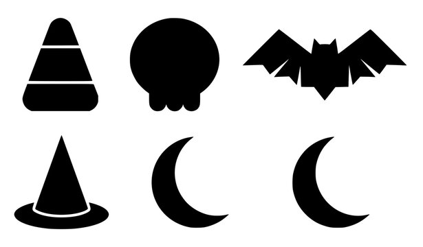 Halloween Silhouette Icon Collection Featuring Candy Corn Skull Bat Witch Hat and Crescent Moon Symbols