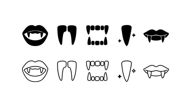 Vampire Fangs and Teeth Icon Set in Silhouette and Outline Style
