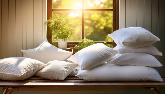 Almohadas Y Ropa De Cama Blanca Apiladas En Un Banco De Madera Junto A Una Ventana Soleada