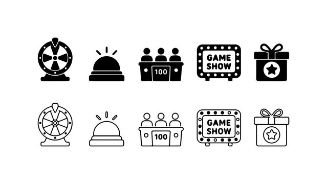 Game Show Icon Set in Black Silhouette and Linear Outline Style