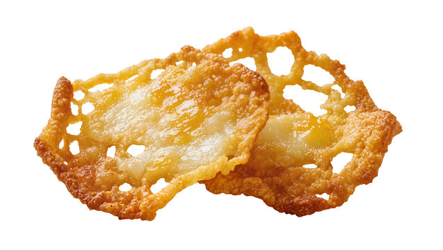 Isolated golden crispy cheese frico or tuile savory snack food, delicate appetizer.