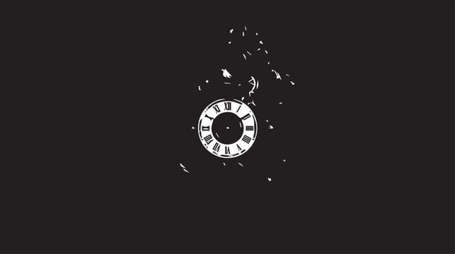 Shattered Timepiece: A vintage clock face, rendered in monochrome and fragmented, drifts against a stark dark background, symbolizing the passage and ephemeral nature of time.
