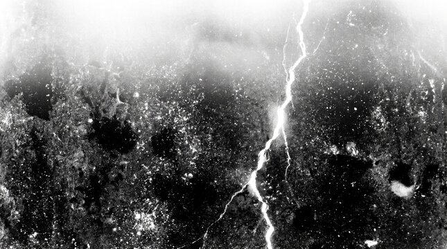 Bright white lightning bolt striking through a dark gritty textured surface with high contrast monochrome aesthetic and cinematic moody lighting