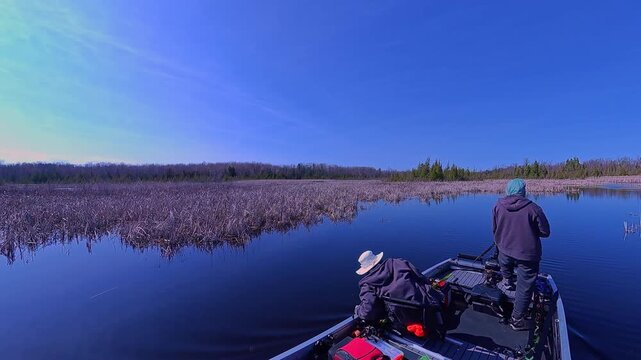 Serene wetland marshes scene at lake in Canada. Lush vegetation and a calm water surface under blue sky in North America. Cruising through swamp in wilderness during fishing. Waterway of reed beds.
