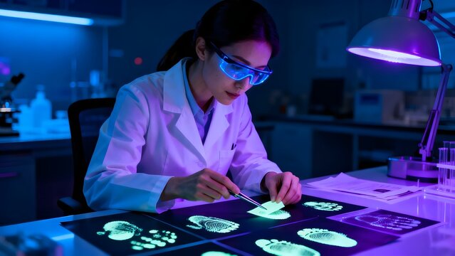 Forensic scientist in white coat examining glowing UV evidence in dark crime lab, forceps, professional forensics procedure