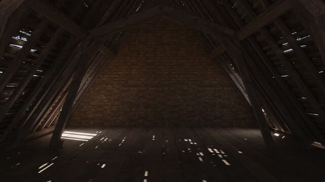Old dilapidated attic with rays of light streaming in through the window