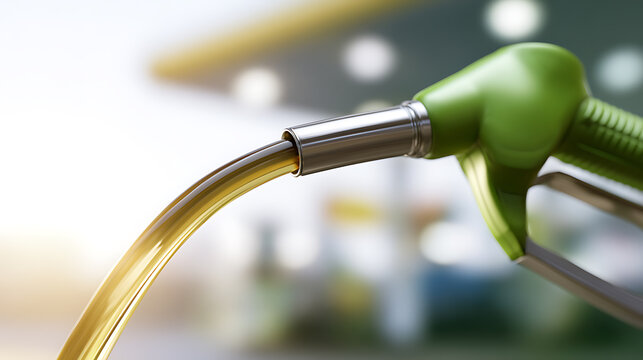 Vibrant Green Fuel Nozzle Dispensing Golden Liquid, Illustrating Energy and Automotive Refueling at a Bright Station Background