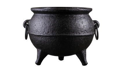 Isolated black cast iron cauldron with three legs, vintage rustic cooking pot or witch item © Niamh