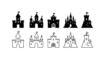 Castle Icon Set in Black Silhouette and Line Art Style © Al