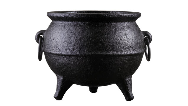 Isolated black cast iron cauldron with three legs, vintage rustic cooking pot or witch item