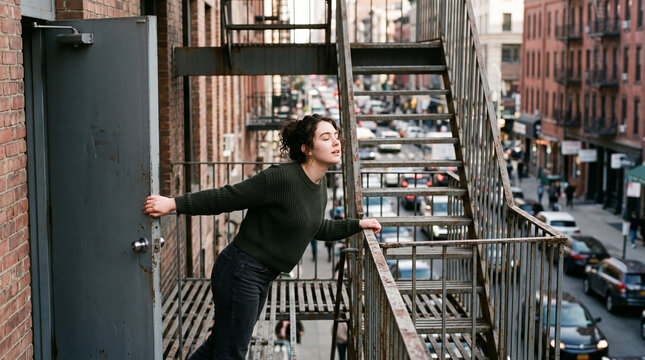 Fire Escape Breather: Young woman pushing open the office fire door standing on a metal stairway, hands on the railing, eyes closed taking a deep breath, city traffic murmur outside
