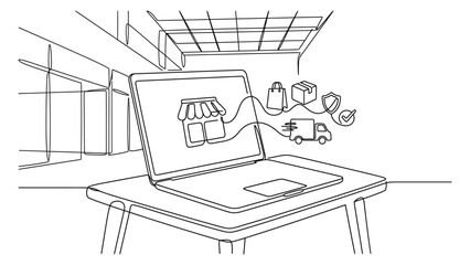 Fototapeta premium Continuous line drawing of laptop with online shopping icons