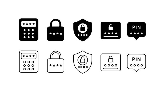 Security Pin Code and Password Icon Set in Silhouette and Outline Style
