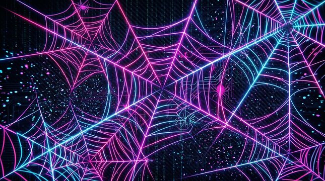 Neon cyber spider web network background