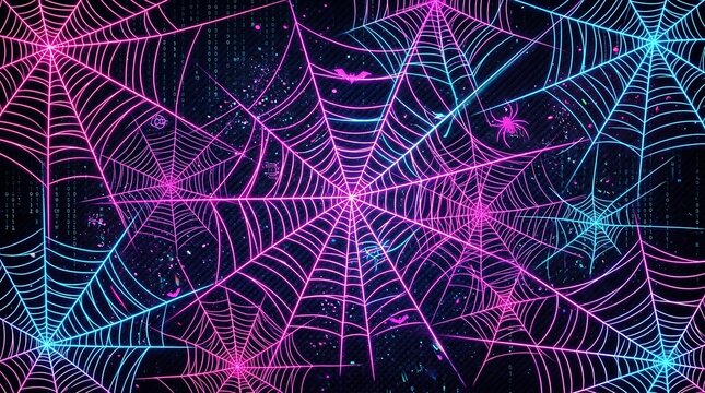 Neon spider webs with binary code background