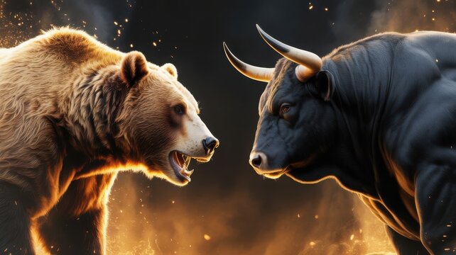 Symbolic bull versus bear stock market competition in a fiery atmosphere