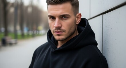 Fototapeta premium Close-up portrait of a serious young man with a stylish haircut and stubble beard wearing a black hoodie sweatshirt, leaning against a grey tiled modern wall outdoors