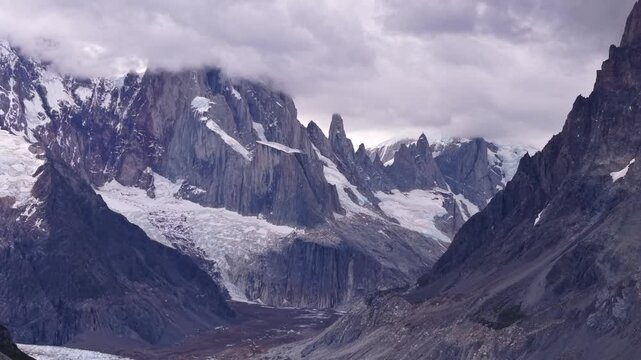 Dramatic view of the snow capped peaks of Mount Fitz Roy in Patagonia Argentina