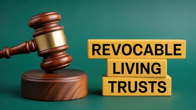 Judge's gavel next to wooden blocks with Revocable Living Trusts text for estate planning concept