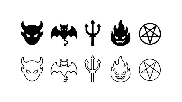 Devil And Occult Symbol Icon Set In Silhouette And Outline Style