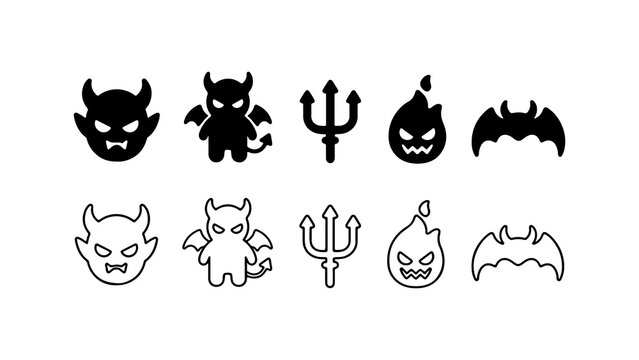 Devil and Demon Icon Set in Silhouette and Outline Vector
