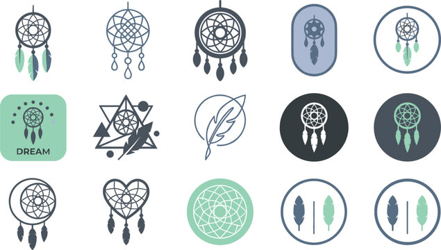 Dreamcatcher vector icon set featuring boho native american feathers geometric moon heart and mystical spiritual wellness branding logo designs