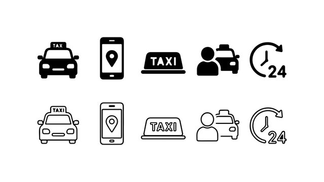 Taxi Service Icon Set in Solid Silhouette and Linear Outline Style