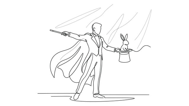 Continuous line drawing of a magician pulling a rabbit out of a hat