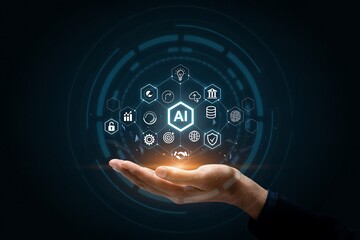 Fototapeta premium Businessman holding a glowing artificial intelligence orb with futuristic digital icons