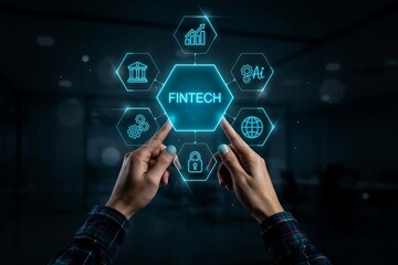 Fototapeta premium Hands interacting with a glowing digital fintech interface with icons for finance and tech