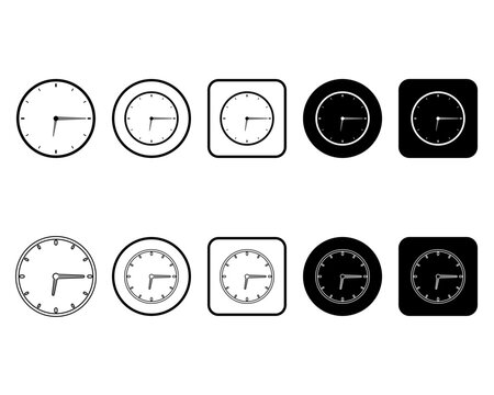 Clock icon vector SVG collection featuring analog clock symbols in outline, circle, rounded square, and filled styles. Transparent background with scalable design for web and mobile interfaces.