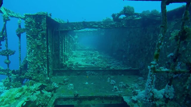 Forward movement along the passenger cabins on the upper deck of Salem Express ferry, Wreckship in Red Sea, Slow motion, Forward movement, Details of sunken ship in the depth sea