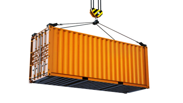 Isolated orange cargo container lifted by industrial crane hook and steel wire cables