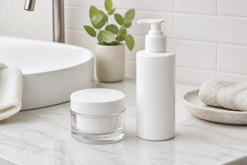 Fototapeta premium A white lotion bottle and jar are displayed on a marble bathroom counter next to a sink and potted plant.