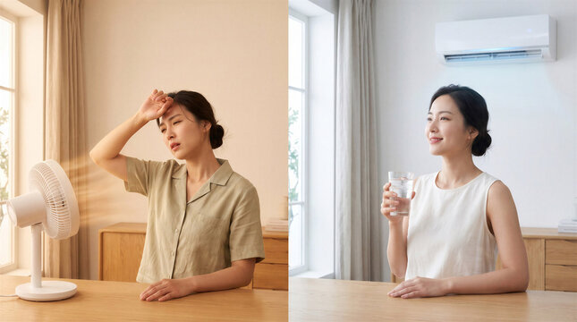 Asian woman suffering from extreme summer heat indoors and finding comfort with air conditioning and glass of water