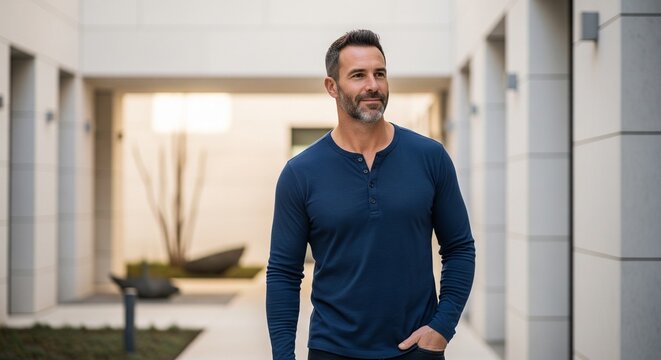 A mature handsome man with a slight beard wearing a blue long-sleeve henley shirt walking through a modern light-colored corridor.
