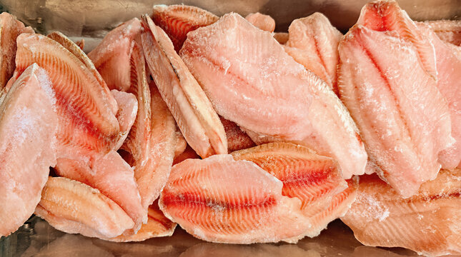 Frozen tilapia fillets, often imported from China.