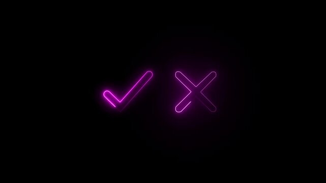 Tick or check mark and cross mark signs neon icon animation. right and wrong animated neon icons, False and true. accept and reject. BLACK .4K