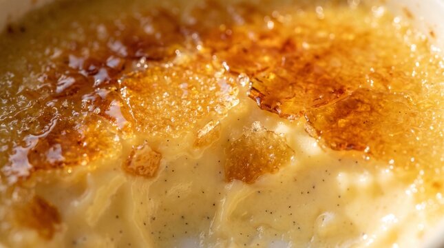 Close-up of a perfectly caramelized cr&egrave;me br&ucirc;l&eacute;e with a crisp sugar crust