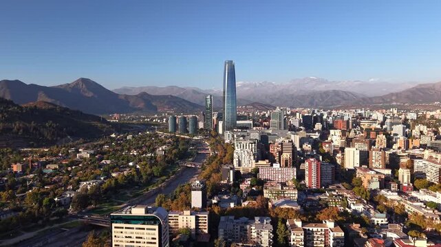Aerial view of Santiago city skyline and Andes mountains in the background Chile