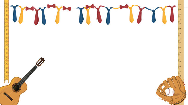 Fathers Day Decorative Border Frame Template with Colorful Necktie Garland Acoustic Guitar Baseball Glove and Ruler Borders Vector Graphic Illustration