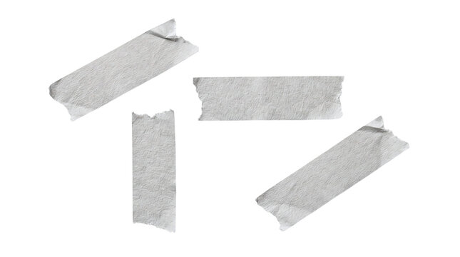 Four torn white paper adhesive masking tape strips on a transparent background