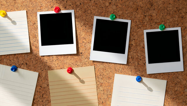 Cork board with blank instant photo frames and lined memo notes