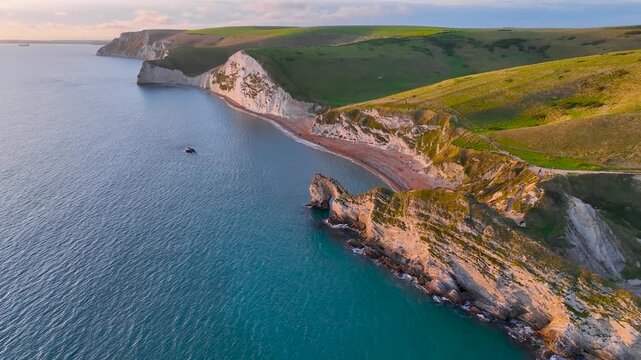 Aerial view of Durdle Door, a natural limestone arch on the Jurassic Coast near Lulworth in Dorset, England
